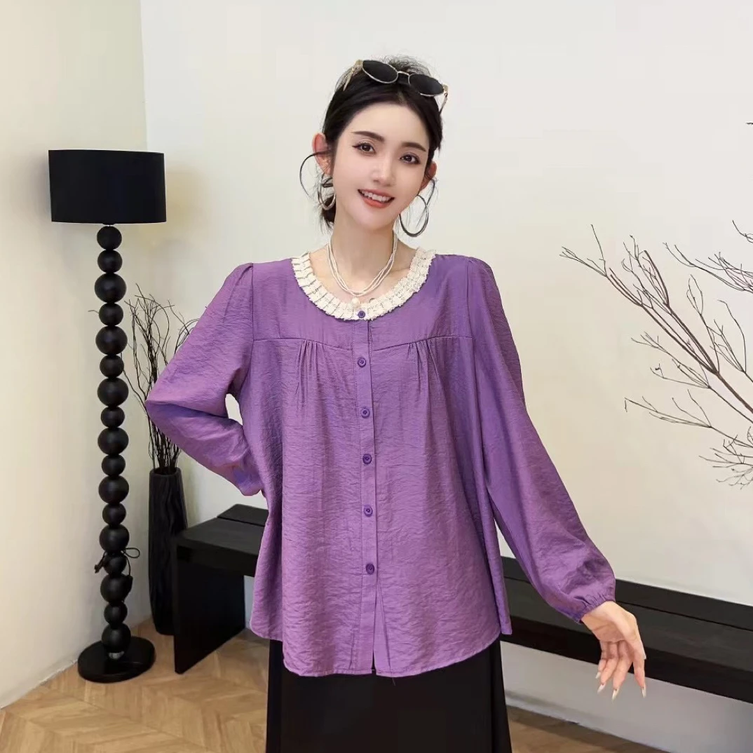 早秋大码宽松显瘦蕾丝圆领长袖捏褶设计简约扣版衬衫