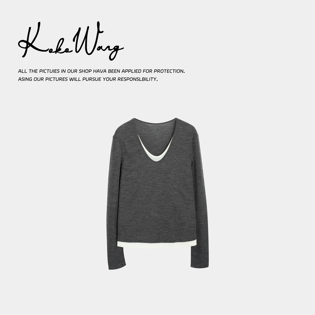 KOKO WANG秋冬新款100羊毛V领假两件百搭显瘦羊毛衫 N1264L11T41
