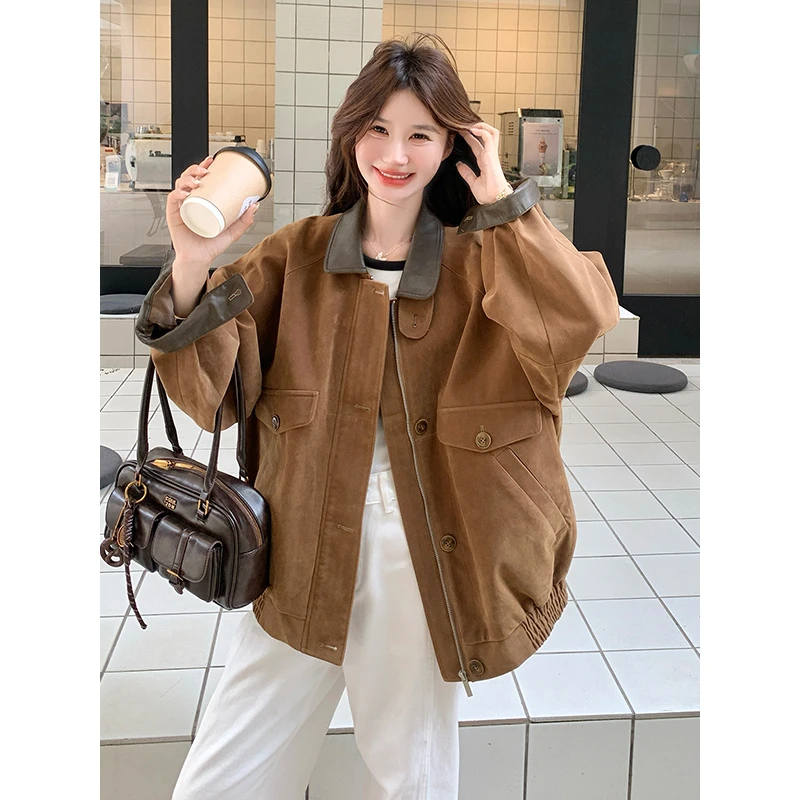 美拉德PU皮撞色翻领卡其色短外套女秋季2025新款小个子夹克巨好看