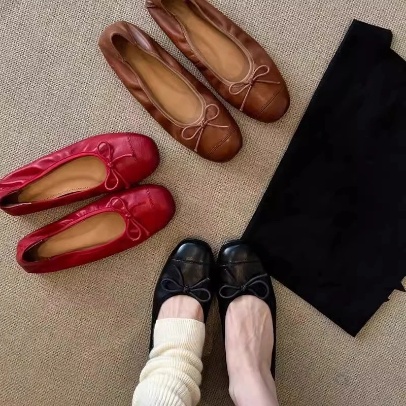 羊皮版~复古浅口瓢鞋女一脚蹬软皮软底奶奶鞋复古平底真皮小单鞋