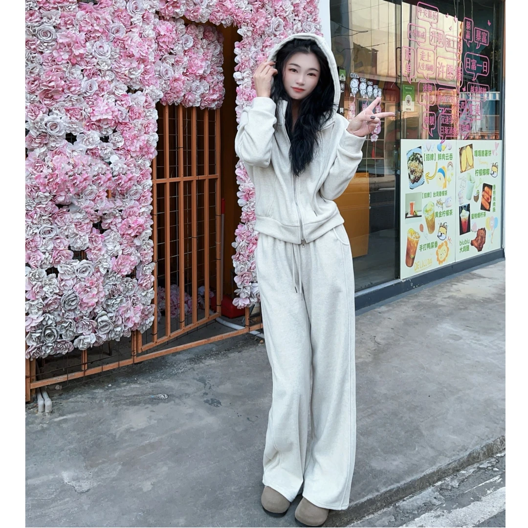 加绒加厚休闲运动套装女冬季韩版高级感连帽开衫长裤两件套