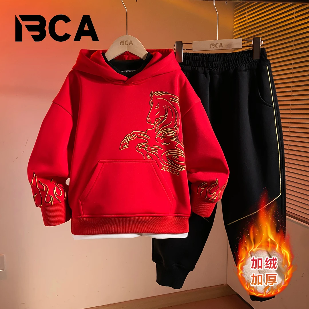 BCA【马跃龙门】中大童男童红色喜庆拜年服冬季加绒套装DF-套装3893