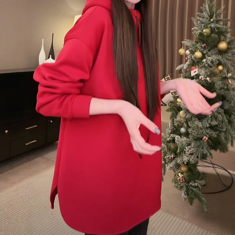 红色半拉链连帽卫衣女2025新款韩版宽松休闲时尚开叉中长款上衣潮