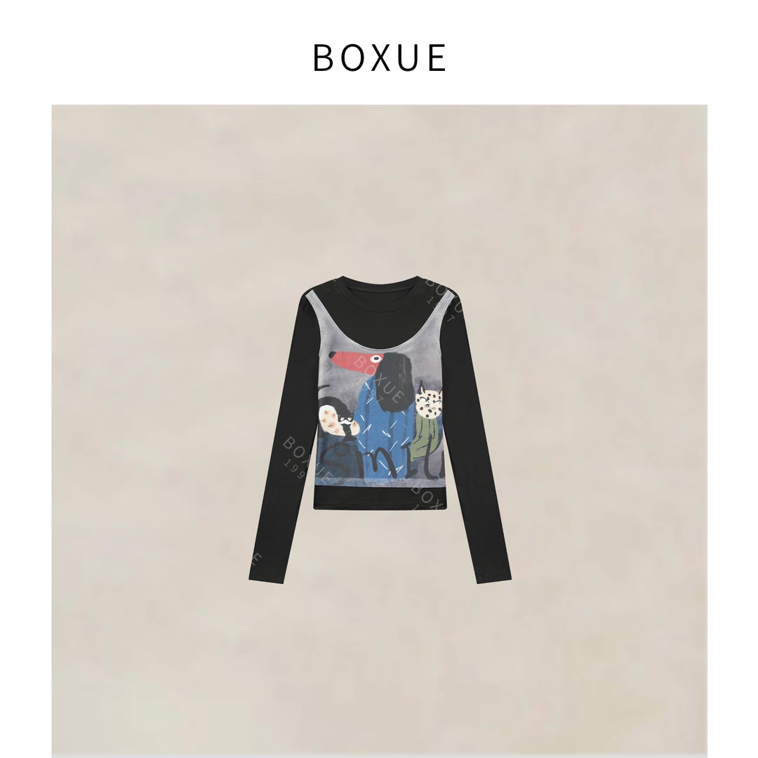 BOXUE“腊肠狗”2025秋冬高级天.丝羊.毛假两件 T恤#250904T4497