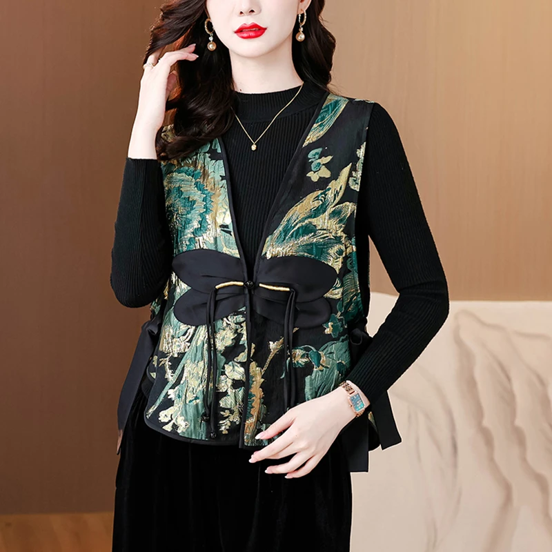 新中式宋锦无袖马夹短外套女秋季新款高级感国风盘扣V领马甲上衣