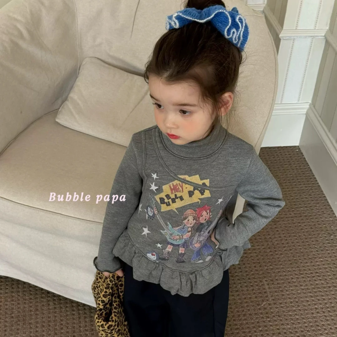 2025冬季新款打底女童秋冬长袖加厚加绒假两件卡通宝宝可爱高领潮