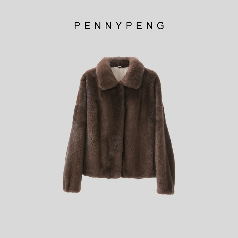 PENNYPENG伯爵夫人气质早春百搭轻奢洋气设计感咖色翻领水貂外套