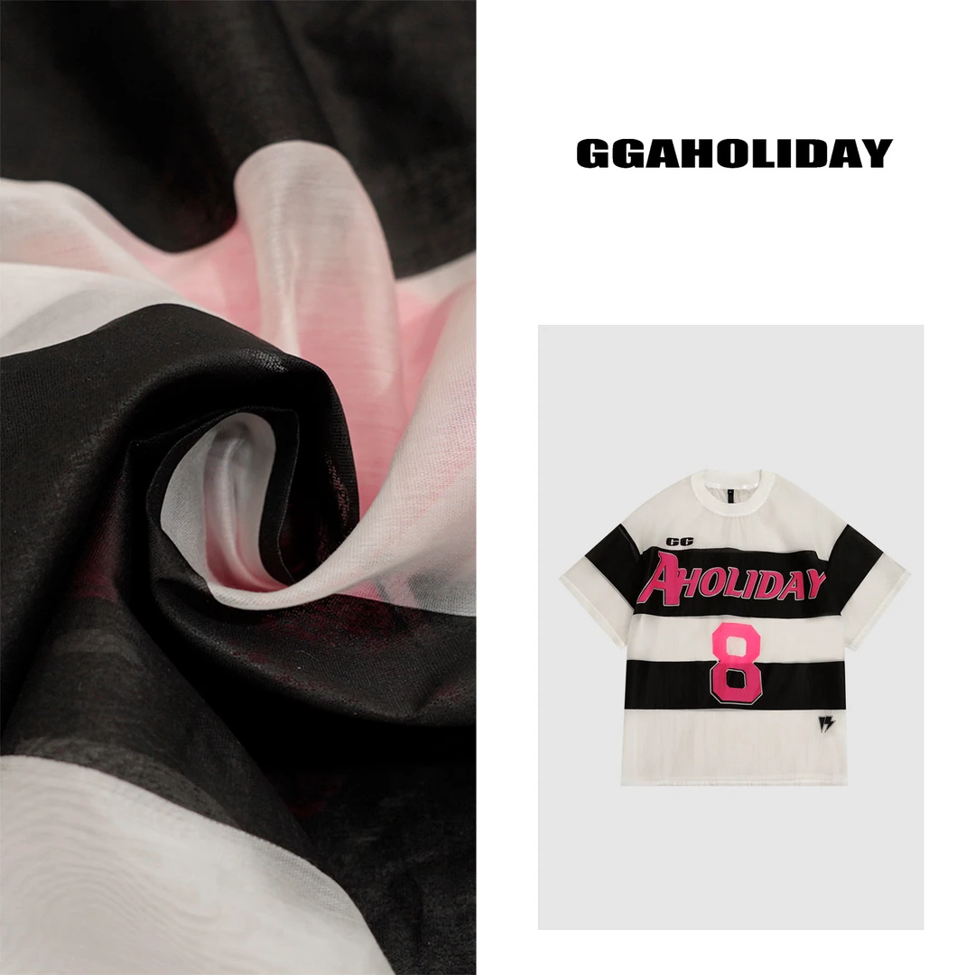 【上新】GGAHOLIDAY美式时尚宽松夏季透气条纹撞色短袖T恤-152478