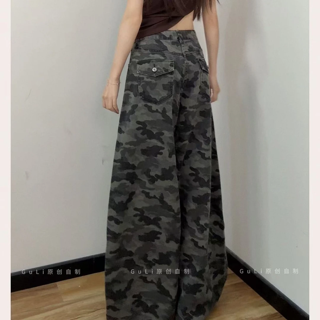 GL 迷彩复古高级百搭高腰女秋季新款薄阔腿宽松显瘦高街牛仔裤子