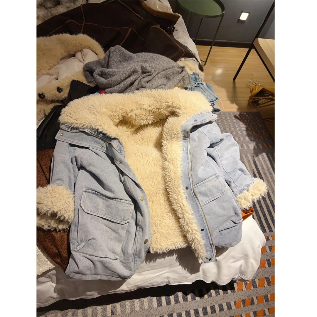 韩系加厚毛毛牛仔外套女冬季爆款休闲百搭保暖仿羊羔毛派克服潮流