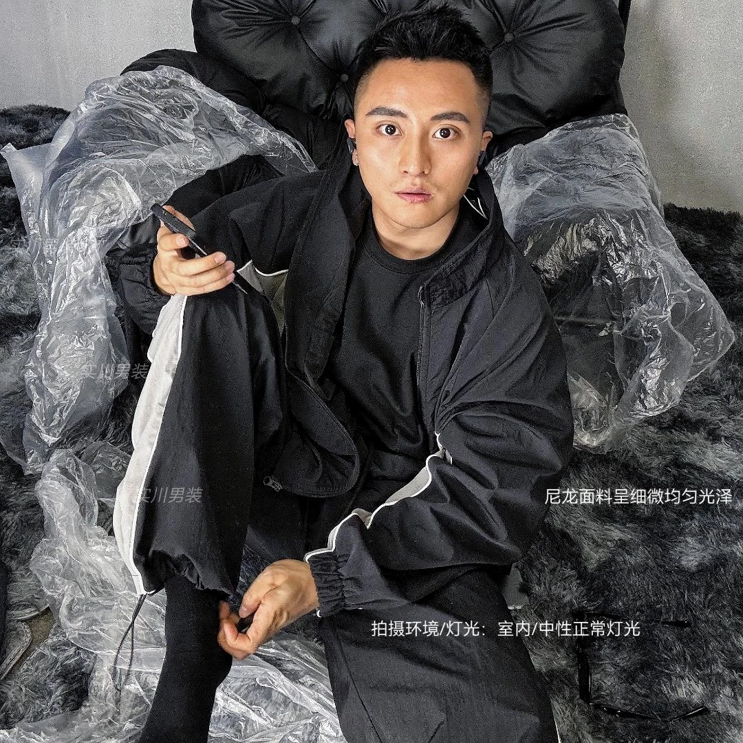 春夏·男尼龙黑灰拼接教练夹克裤子套装 百搭三防好穿户外运动痞帅
