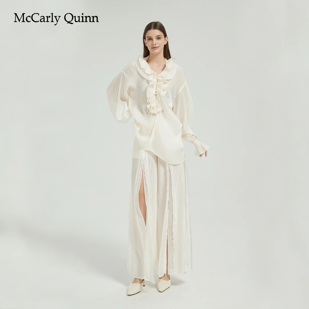 McCarlyQuinn清冷仙气纯欲风荷叶边领口琉璃奶白宽松衬衫