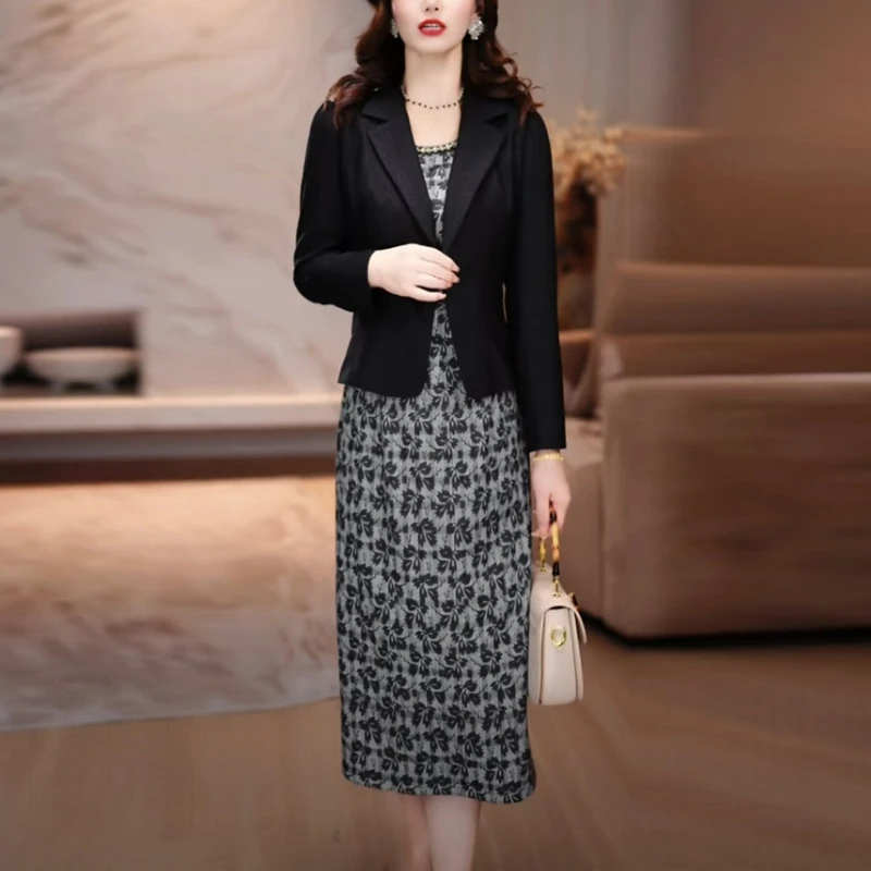 提花洋气时尚套装裙2025秋冬新款气质黑色显瘦名媛两件套连衣裙子