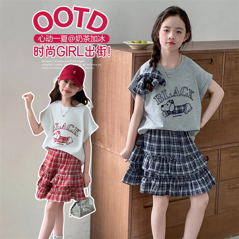 女童夏季美式复古套装2025新款儿童短袖t恤格子蛋糕半身裙两件套