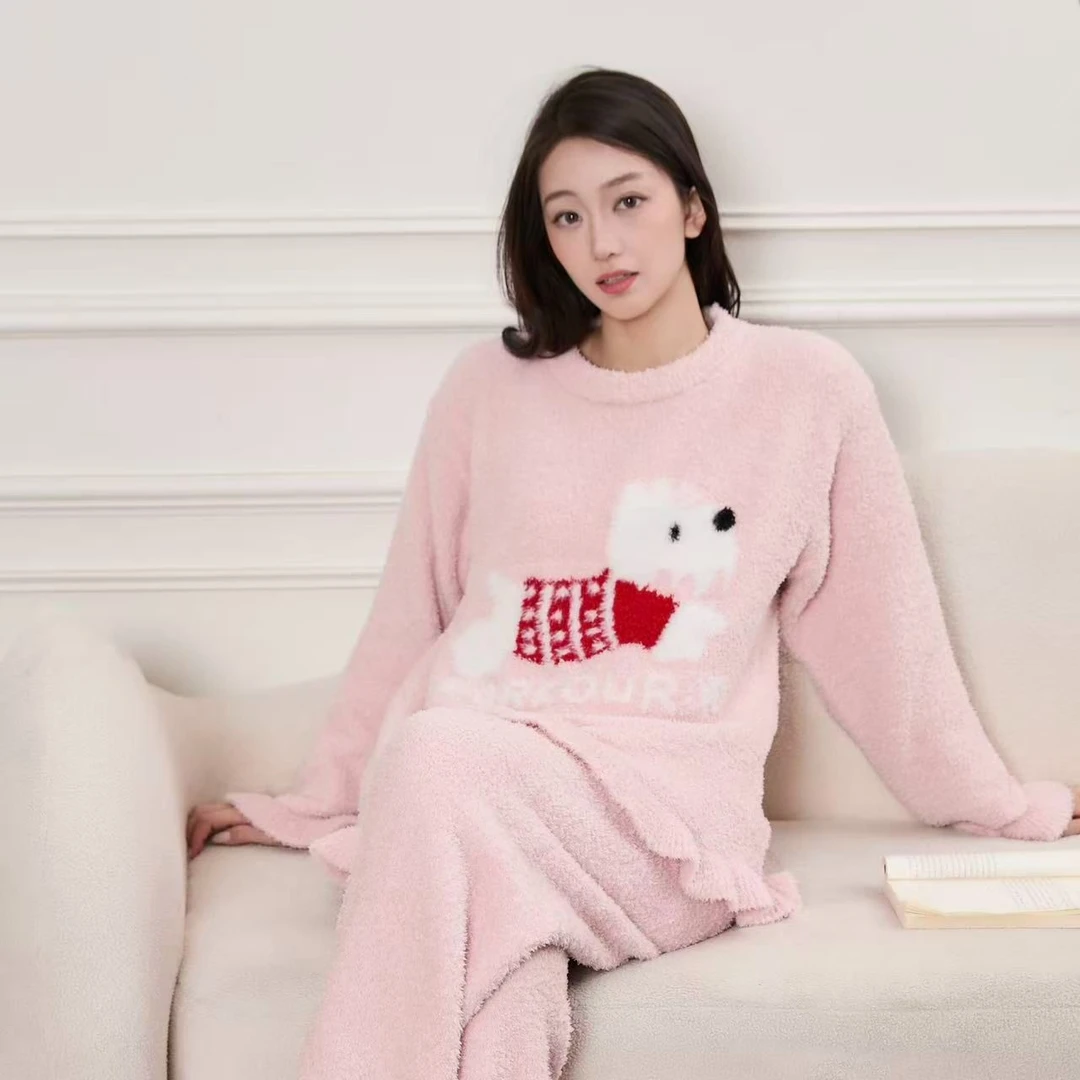 半边绒新款卡通小狗家居服睡衣套装秋冬加厚加绒套头宽松