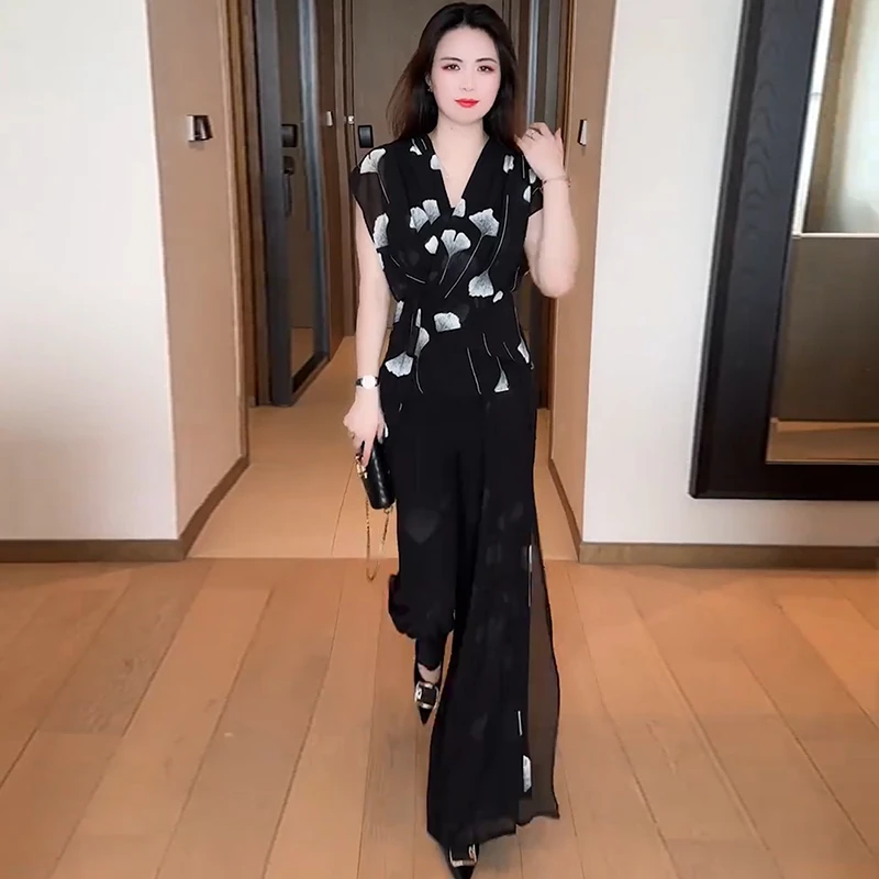 银杏印花雪纺纱时尚休闲套装女2025夏季新款无袖上衣直筒裤两件套