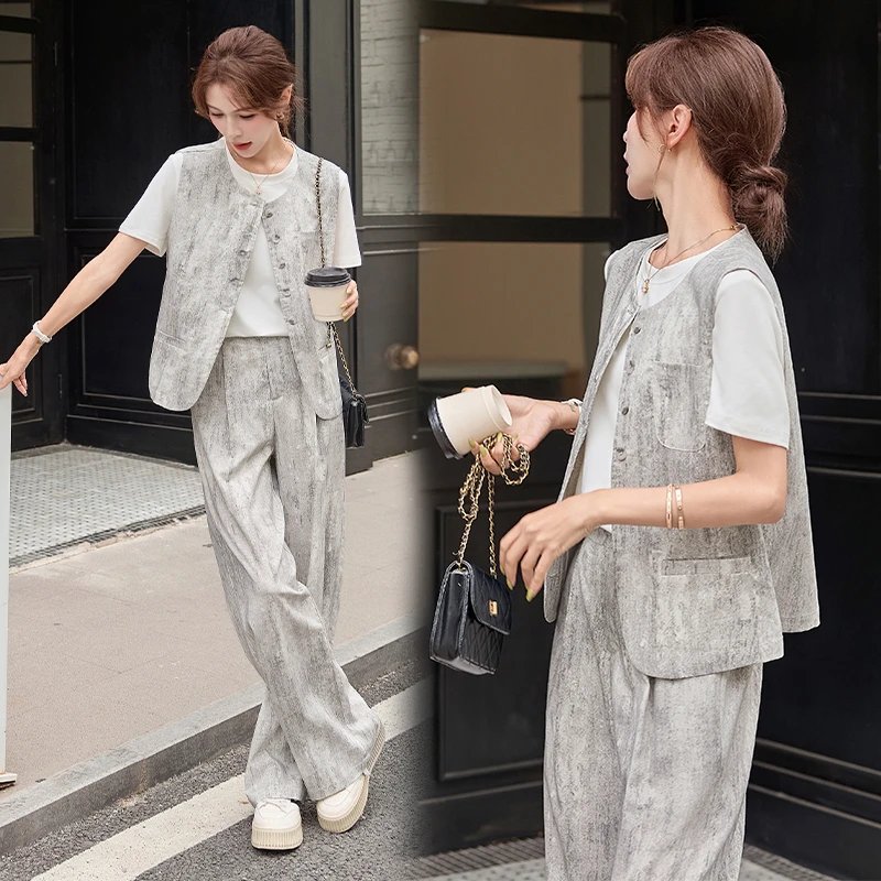 轻熟风扎染马甲T恤阔腿裤套装女2025夏气质高级感休闲三件套装裤