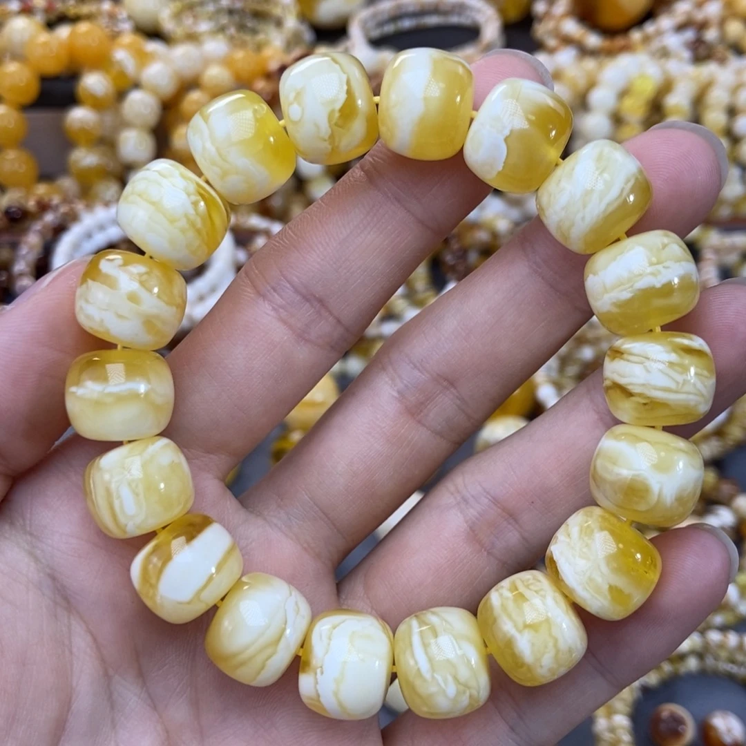 琥珀未镶嵌手链14mm瓷白虎皮纹