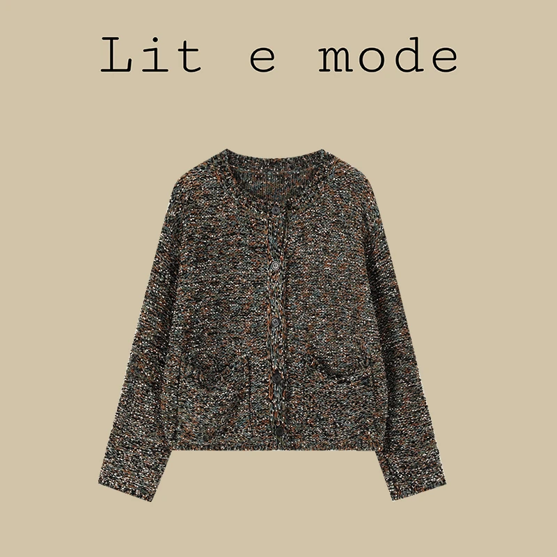 任小艺定制纱线混色针织衫女2024新款春秋设计感短款毛衣开衫外套