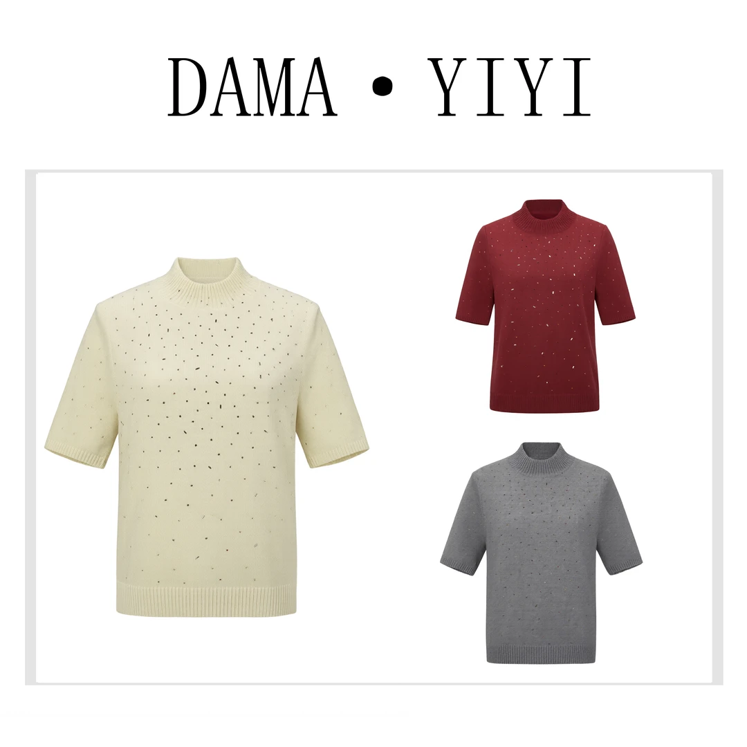 D2602气质重工烫钻半高领半袖针织衫女秋冬新款宽松时尚内搭上衣