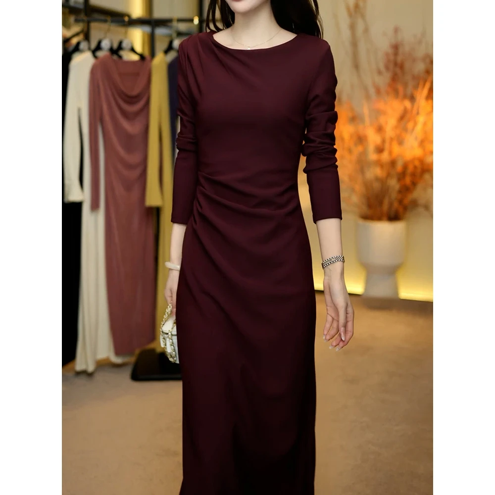 高级感优雅知性圆领连衣裙2026春季新款气质V领修身显瘦包臀长裙