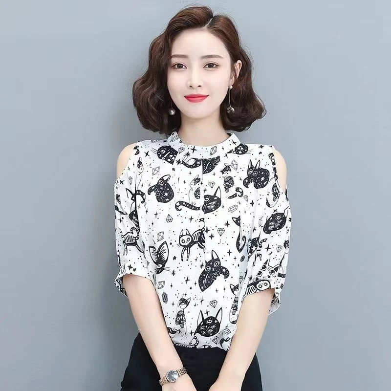 夏季短袖碎花女2025新款洋气小衫减龄夏天宽松露肩彩色上衣