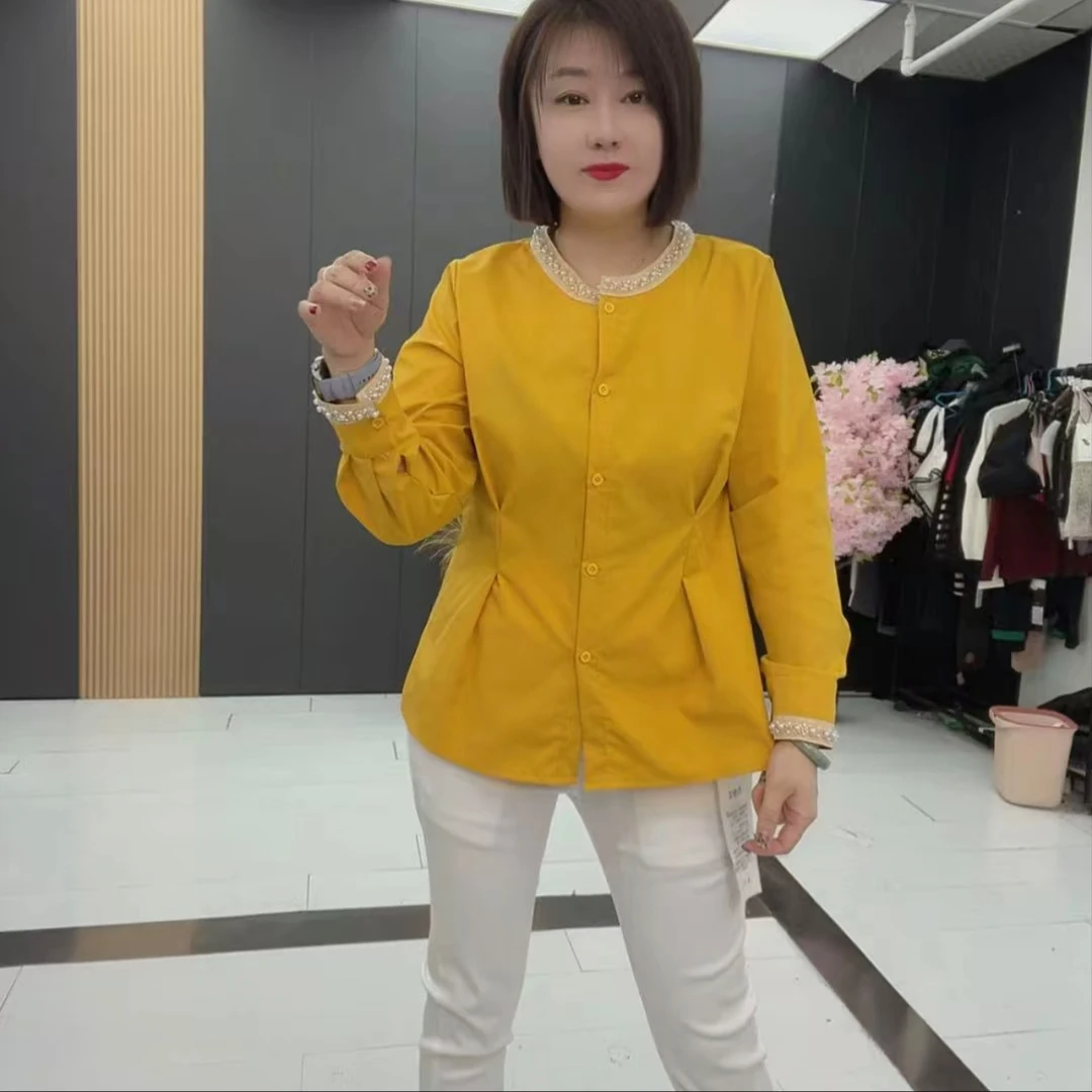 8581大码女装春季新款重工显瘦圆领钉珠设计衬衫爆款时尚纯色上衣