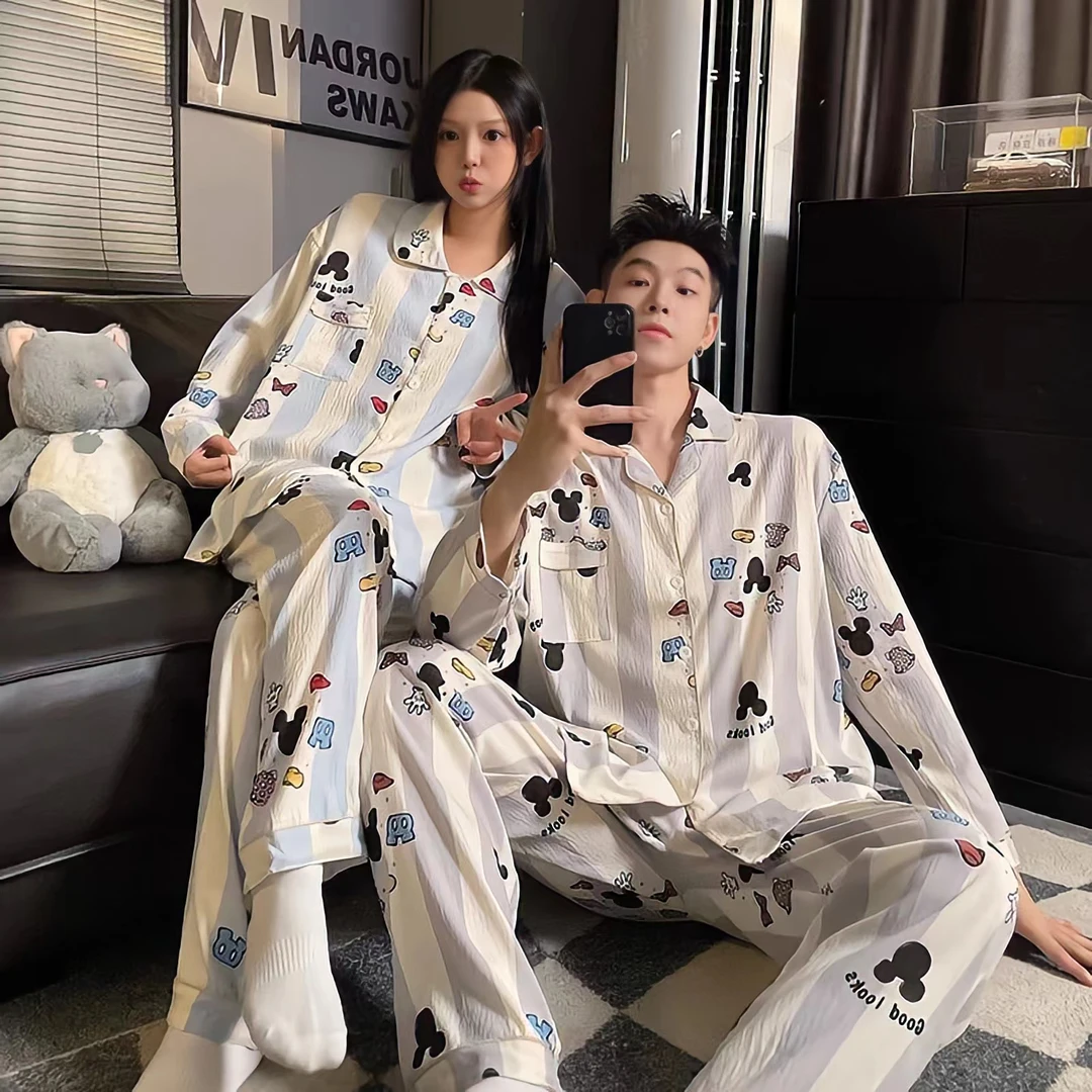 云朵棉情侣睡衣女2025春秋季新款薄款卡通网红长袖男士家居服套装