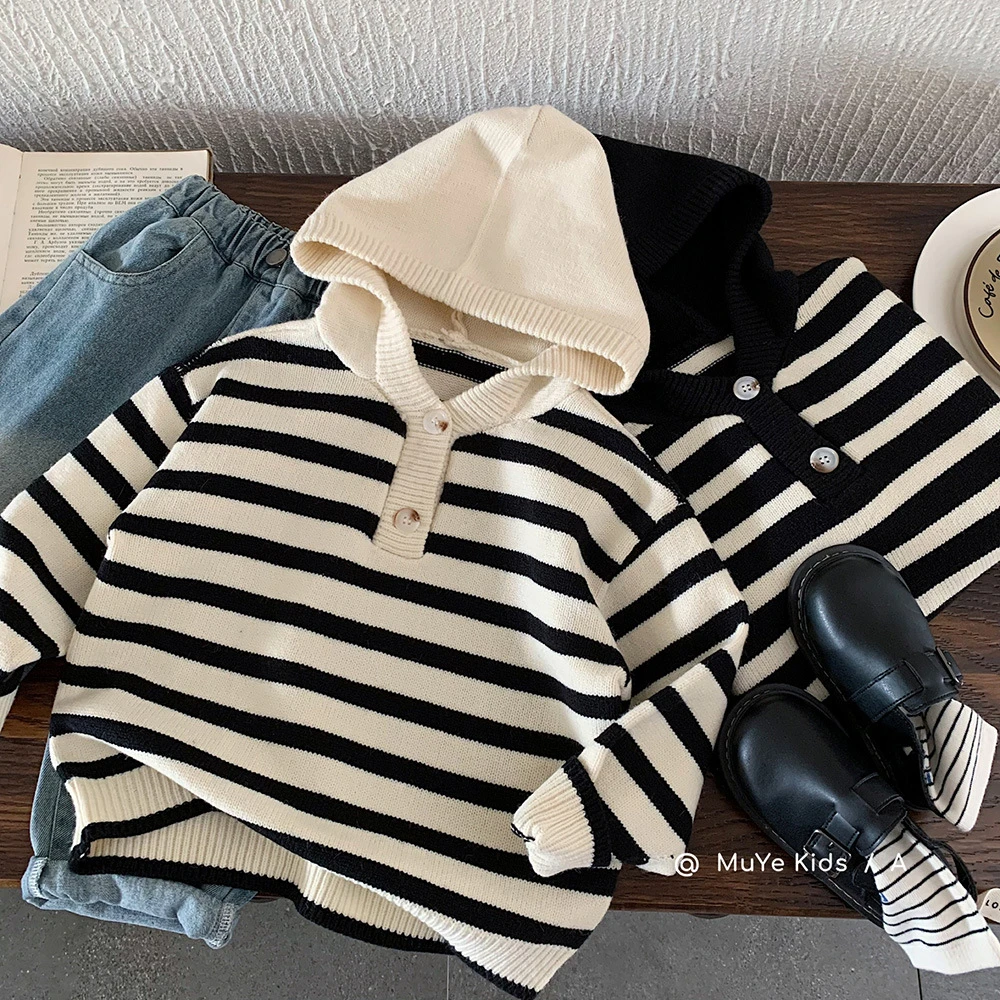 MY8107木野秋冬季毛衣男童韩版条纹撞色连帽上衣