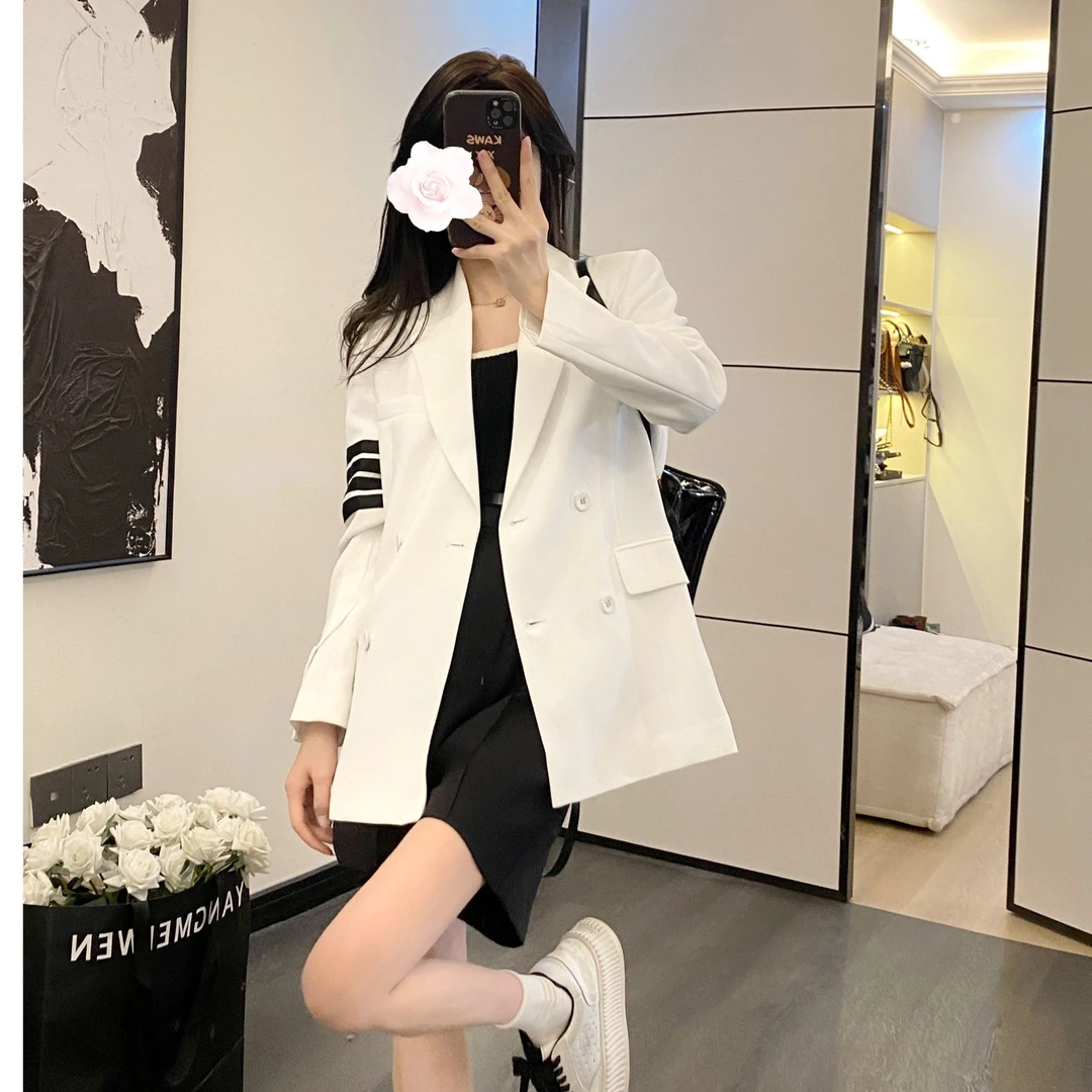 7039 风翻领中长款女双排扣西装上衣秋季春季炸街