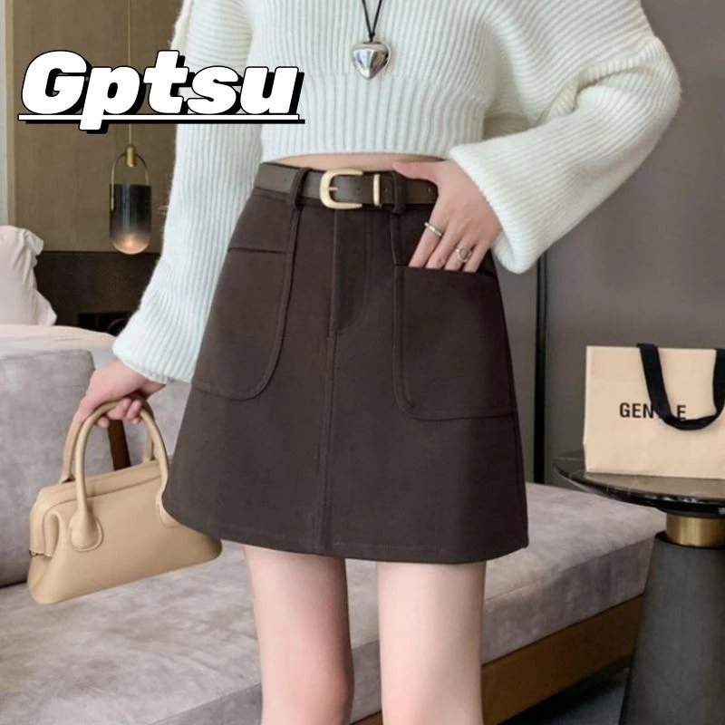 GPTSu棕咖色毛呢短裙女秋冬季新款加厚包臀裙小个子高腰A字半身裙