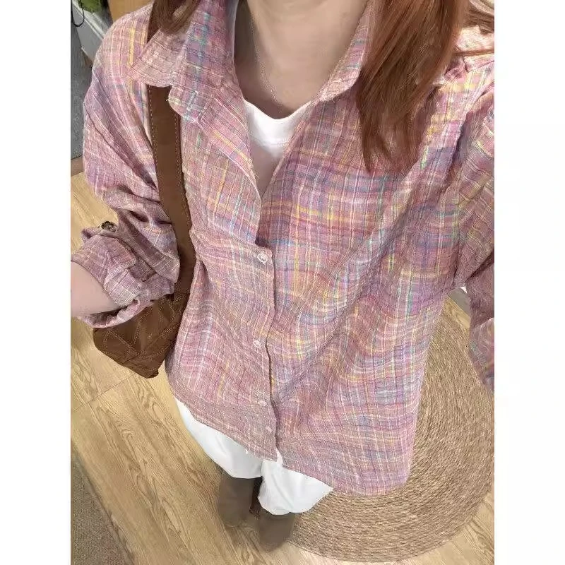 粉色彩虹格纹泡泡纱衬衫男女春夏季慵懒风格纹衬衣小众设计感寸衫