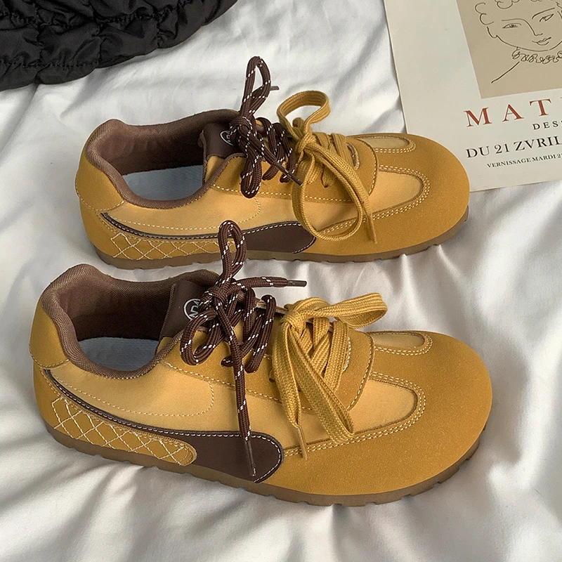 黄色复古鸳鸯鞋带软底德训鞋女2025春新款休闲百搭芒果大头阿甘鞋
