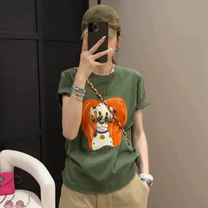 卡莲格/夏季复古无感印花慵懒风百搭毛边磨破圆领短袖T恤胖mm上衣