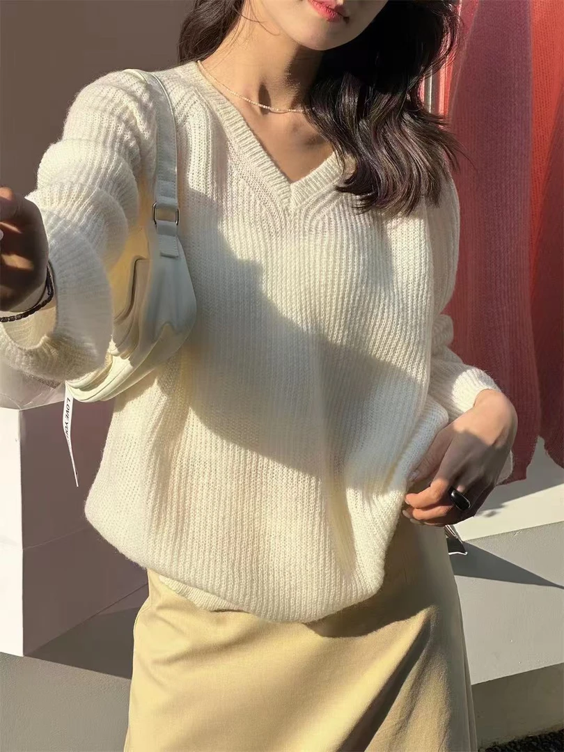 【福利清清，NO退NO换】春季V领网红时尚慵懒风纯色宽松长袖羊毛衣女