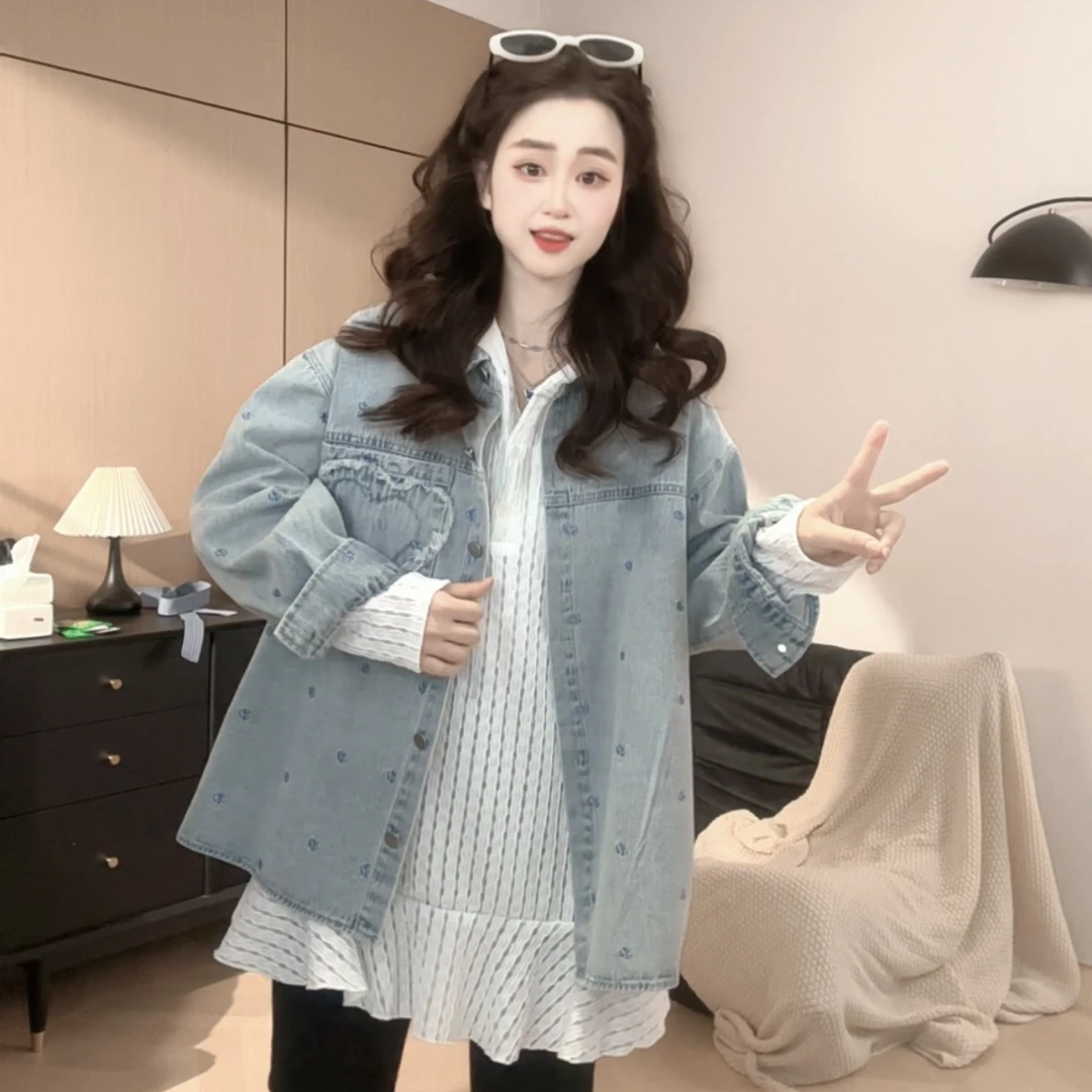 HUIERMAN/慧尔曼时尚设计师款学院风刺绣牛仔衬衣外套【13115】