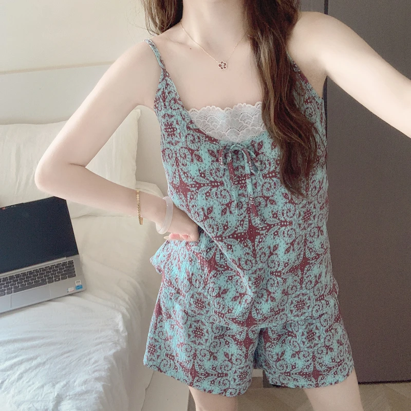 【带胸垫一体】吊带短裤睡衣女2025新款夏季亲肤棉度假风家居服套装