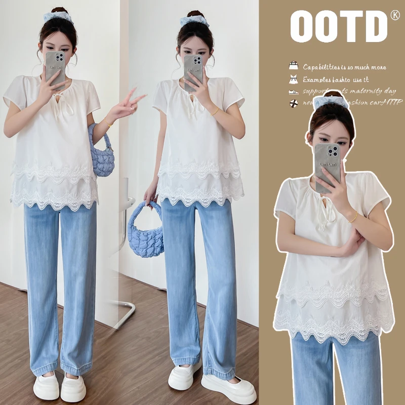 韩版显瘦孕妇装洋气2025浪镂空层叠花边法式孕妇小衫宽松大码女装