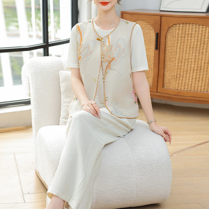 夏季中老年女装薄款套装中式国风气质妈妈夏装短袖裤子三件套1001