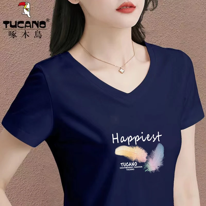 啄木鸟正品2025年夏季新款时髦减龄短袖T恤V领修身女设计百搭上衣