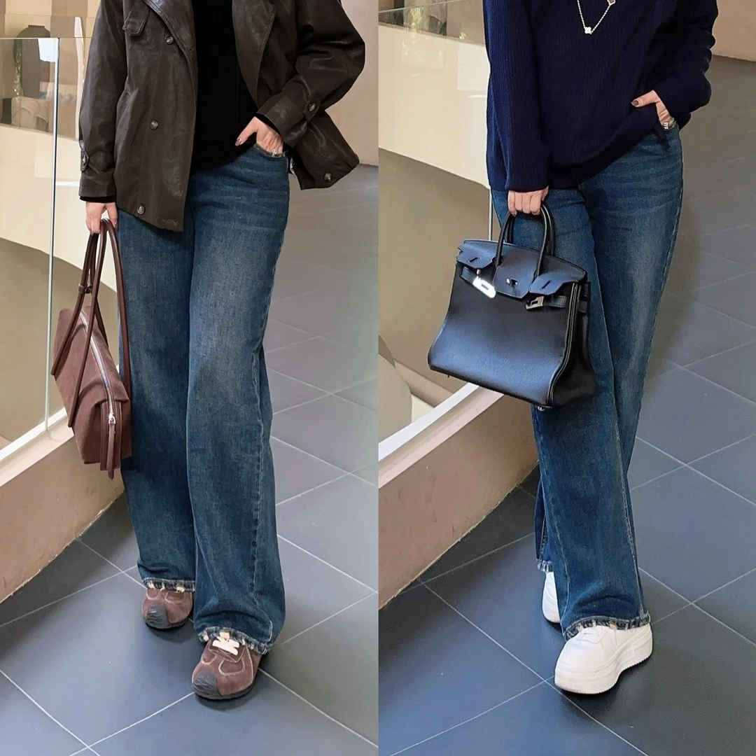 微胖女装【漫画腿】新款弹力洋气时髦百搭直筒牛仔拖地裤8017