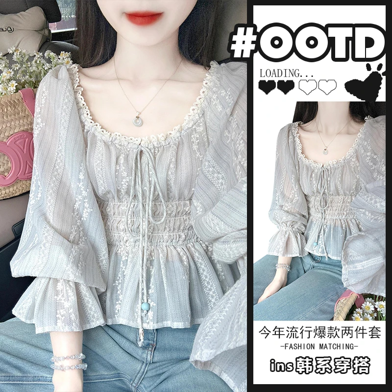 春夏新款韩系设计感立体刺绣泡泡袖雪纺上衣搭配牛仔裤时尚两件套