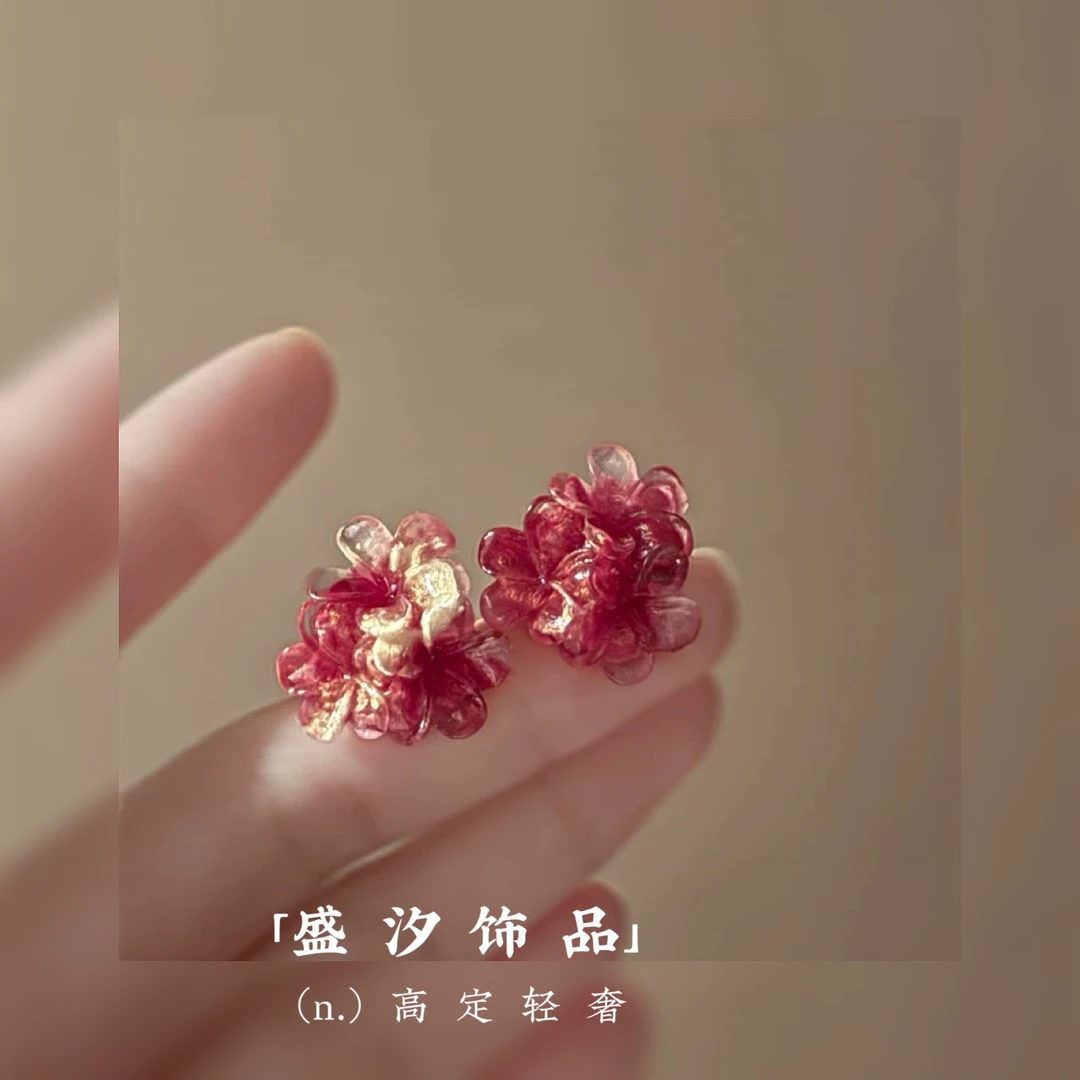 铜合金耳饰 「暮红玫瑰」秋冬红色玫瑰花耳环