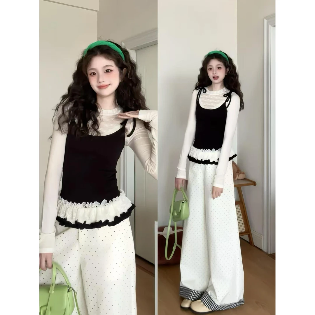 法式小香风时尚荷叶花边假两件长袖T恤女春秋季撞色拼接吊带上衣