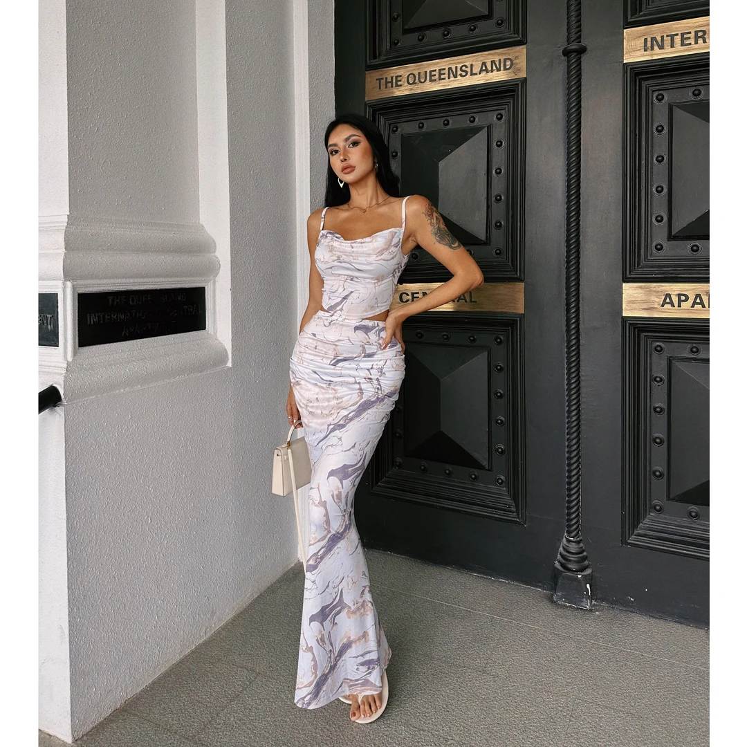 【蜜蜜家】锁清秋 欧美辣妹显瘦性感复古印花吊带+长裙 Z099/Q030