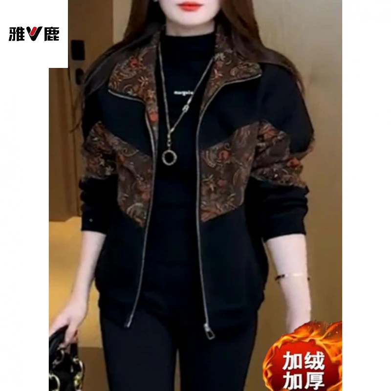 雅鹿秋冬休闲妈妈装短外套时尚加绒新款大码宽松女士洋气百搭夹克