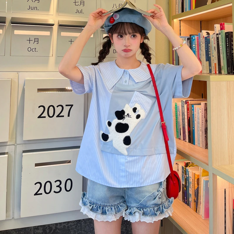 森女部落设计感翻领原创短袖宽松新款绣花上衣T恤女2025初夏穿搭
