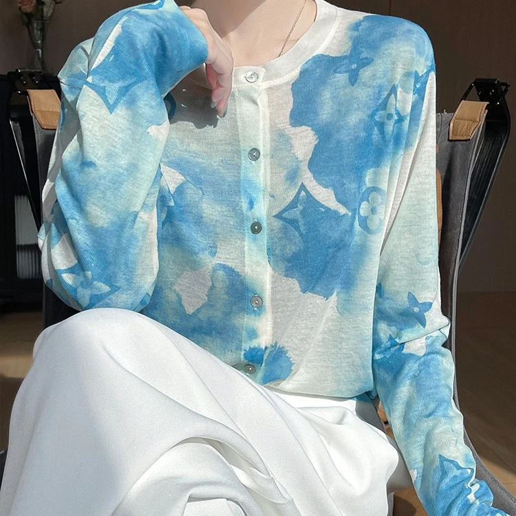 长袖薄款宽松印花洋气圆领针织衫开衫外套上衣衫空调衫外搭