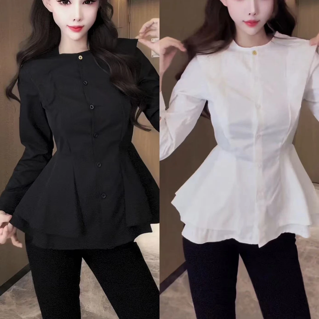 纽扣收腰衬衫荷叶边网红