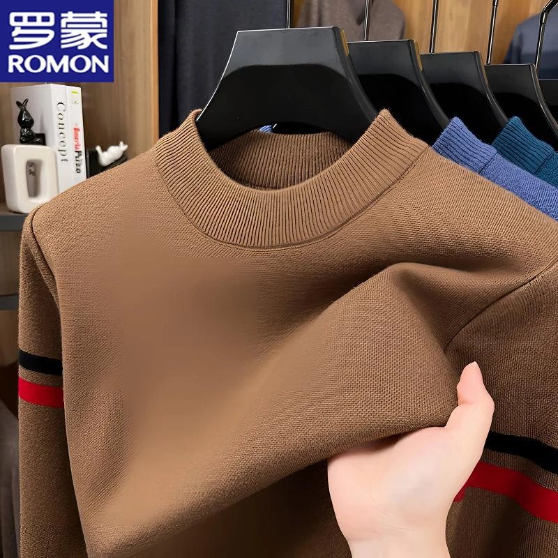 罗蒙半高领纯色百搭休闲针织衫男士秋冬季加厚保暖毛衣打底衫男装